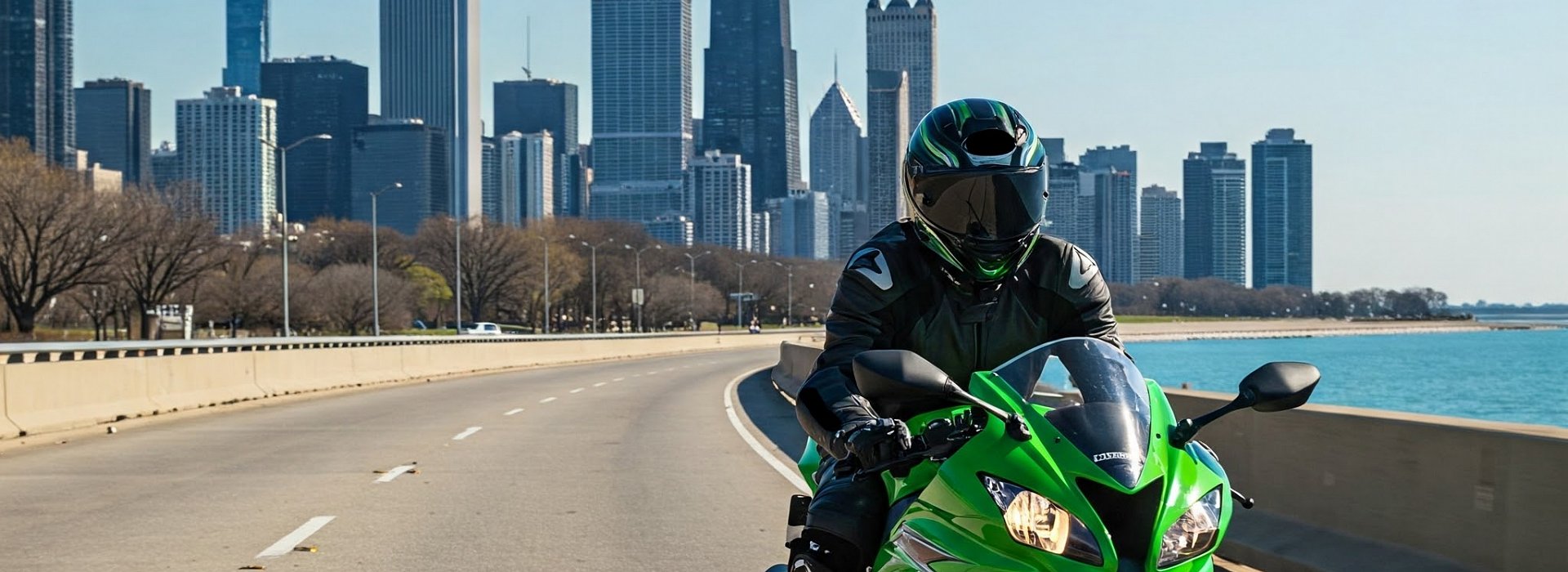 Motorcyclist riding green motorcycle on lake shore drive in Chicago, IL