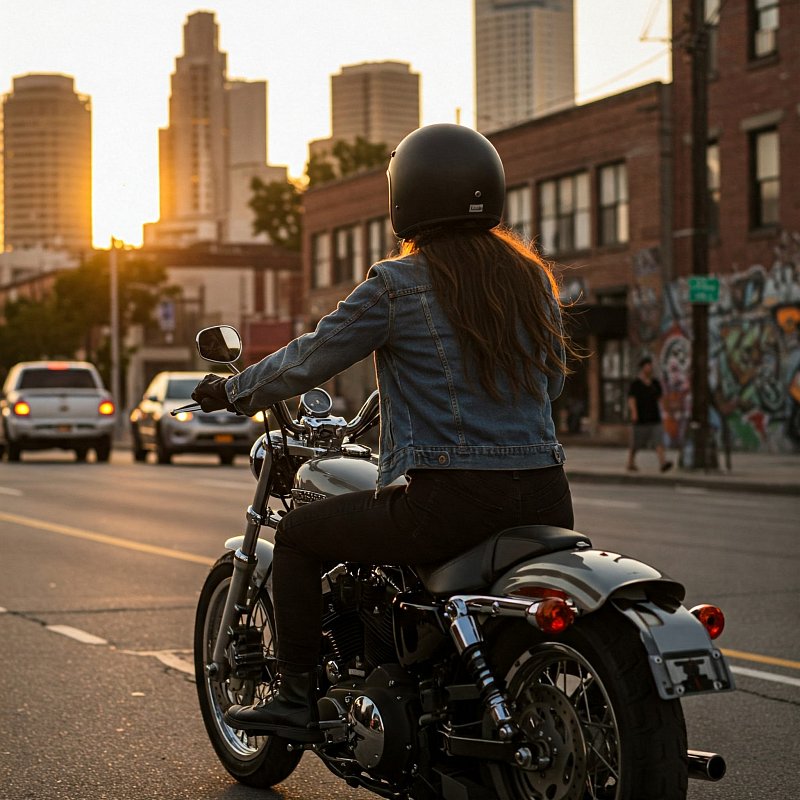 Woman riding cruiser motorcycle through the city 